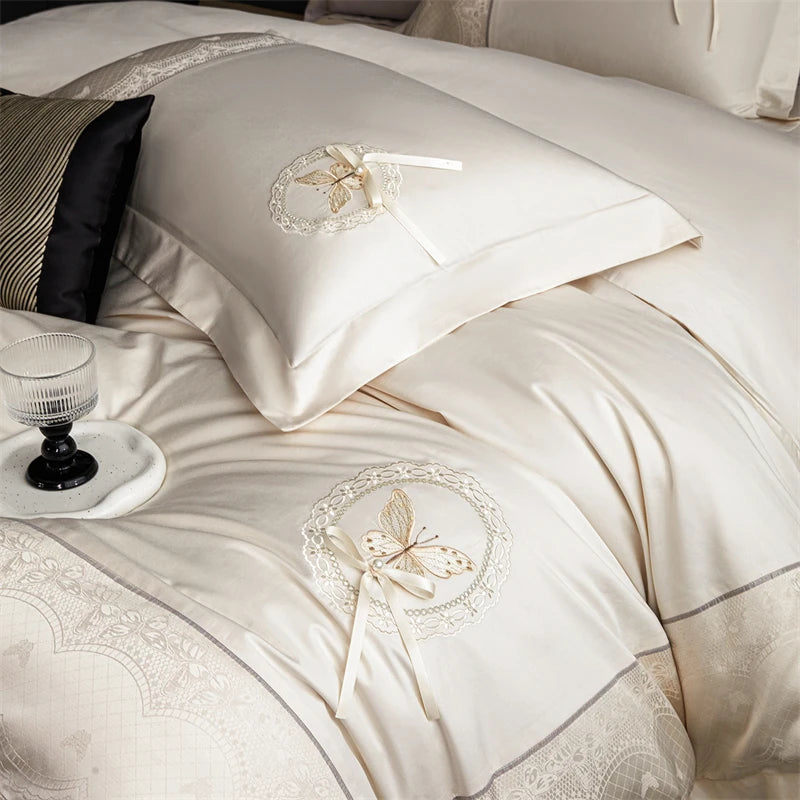 Butterfly Embroidery Jacquard Egyptian Cotton Bedding Set - 4 Pieces | Queen & King Size