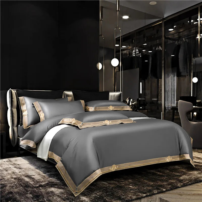 Satin 1200TC Egyptian Cotton Luxury Bedding Set | Gold Embroidery