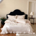 Pink Flowers Embroidery Lace Ruffles Bedding Set - 600TC Egyptian Cotton | 4 Pieces