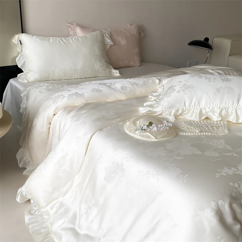 600TC Egyptian Cotton Flowers Jacquard Ruffles Luxury Bedding Set - 4 Pieces
