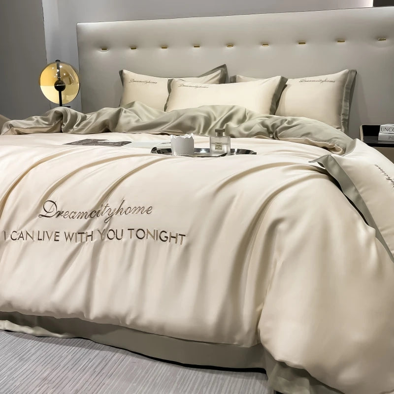 Luxury Letter Embroidered Silky Satin Duvet Cover Bedding Set | Solid Color |