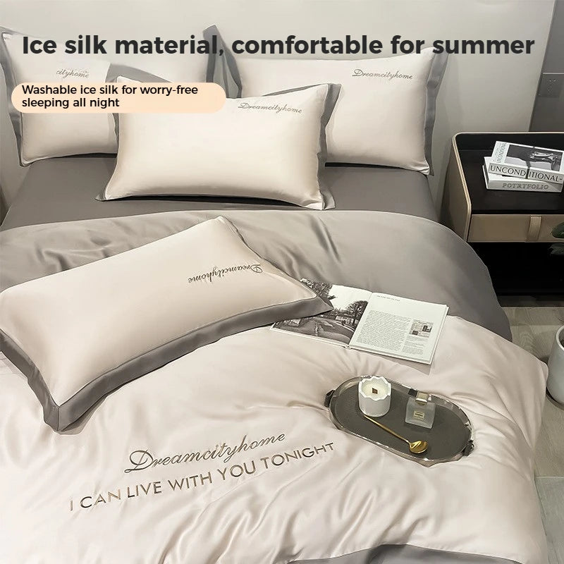 Luxury Letter Embroidered Silky Satin Duvet Cover Bedding Set | Solid Color |