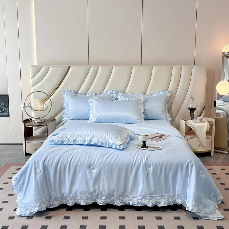 French Jacquard Summer Quilt Set - Snow Lotus Tencel Bedding | 3 or 4 Pieces | Romantic Style