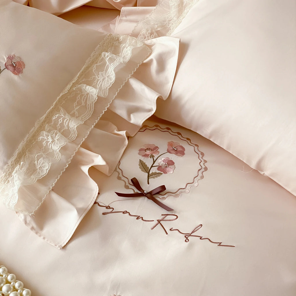 Pink Flowers Embroidery Lace Ruffles Bedding Set - 600TC Egyptian Cotton | 4 Pieces