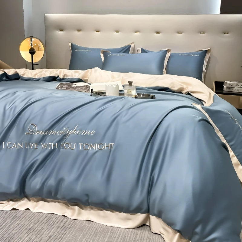 Luxury Letter Embroidered Silky Satin Duvet Cover Bedding Set | Solid Color |