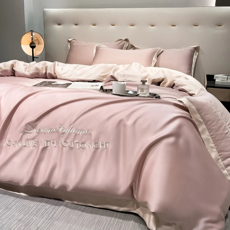 Luxury Letter Embroidered Silky Satin Duvet Cover Bedding Set | Solid Color |