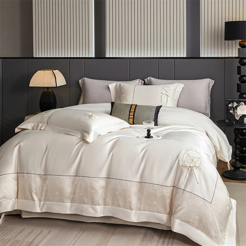 Butterfly Embroidery Jacquard Egyptian Cotton Bedding Set - 4 Pieces | Queen & King Size