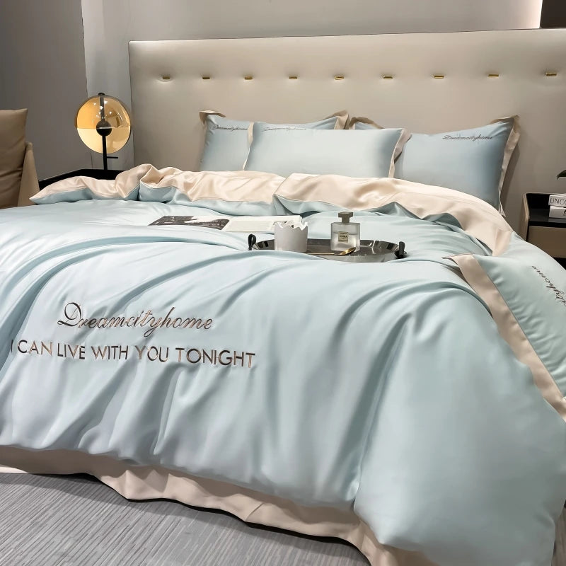 Luxury Letter Embroidered Silky Satin Duvet Cover Bedding Set | Solid Color |