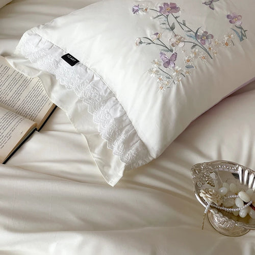 100% Cotton Chic Floral Embroidery Lace Ruffles Korean Princess Style Bedding Set |