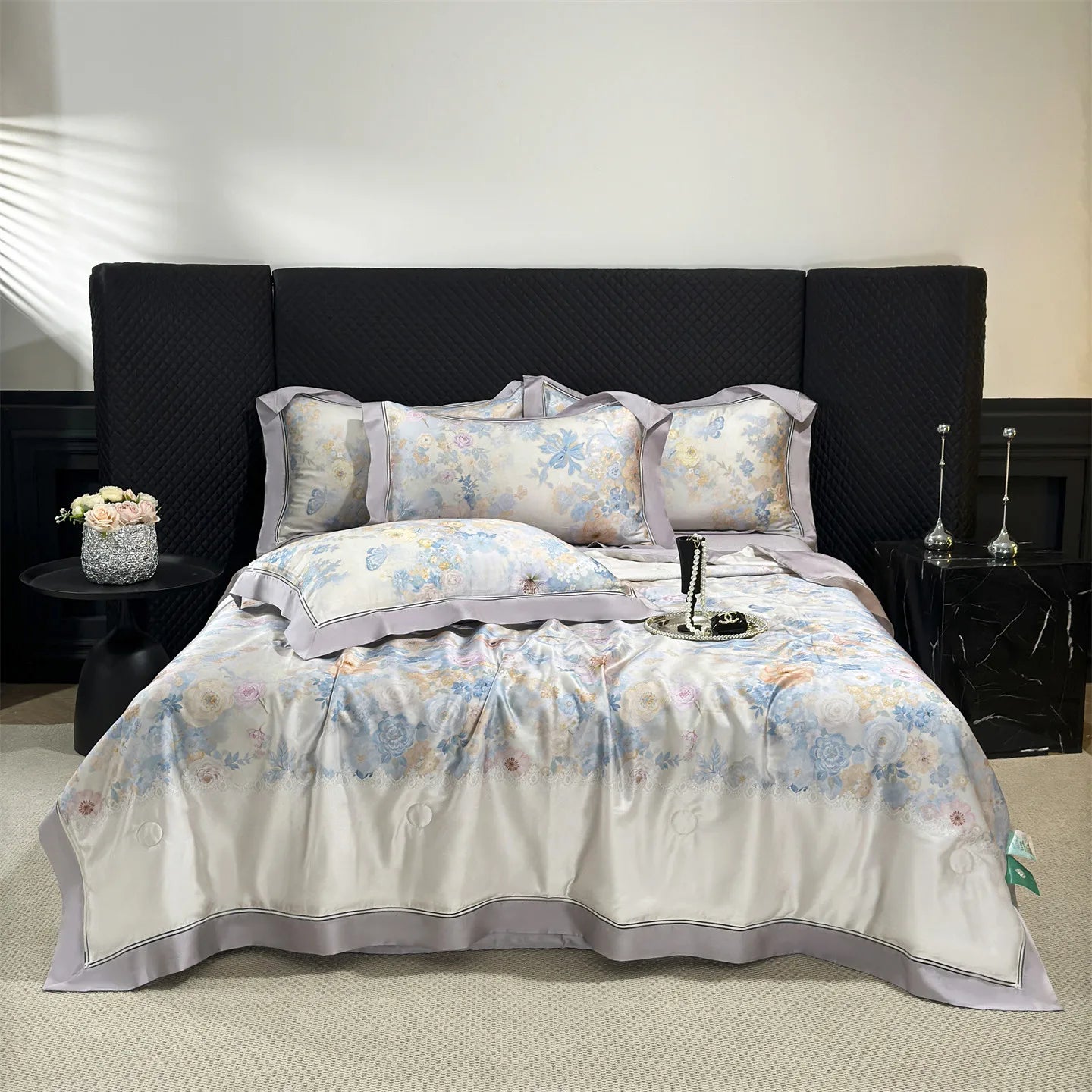 Floral Print Lyocell Summer Comforter Set - 4 Pieces | Soft Silky Cooling Bedding |